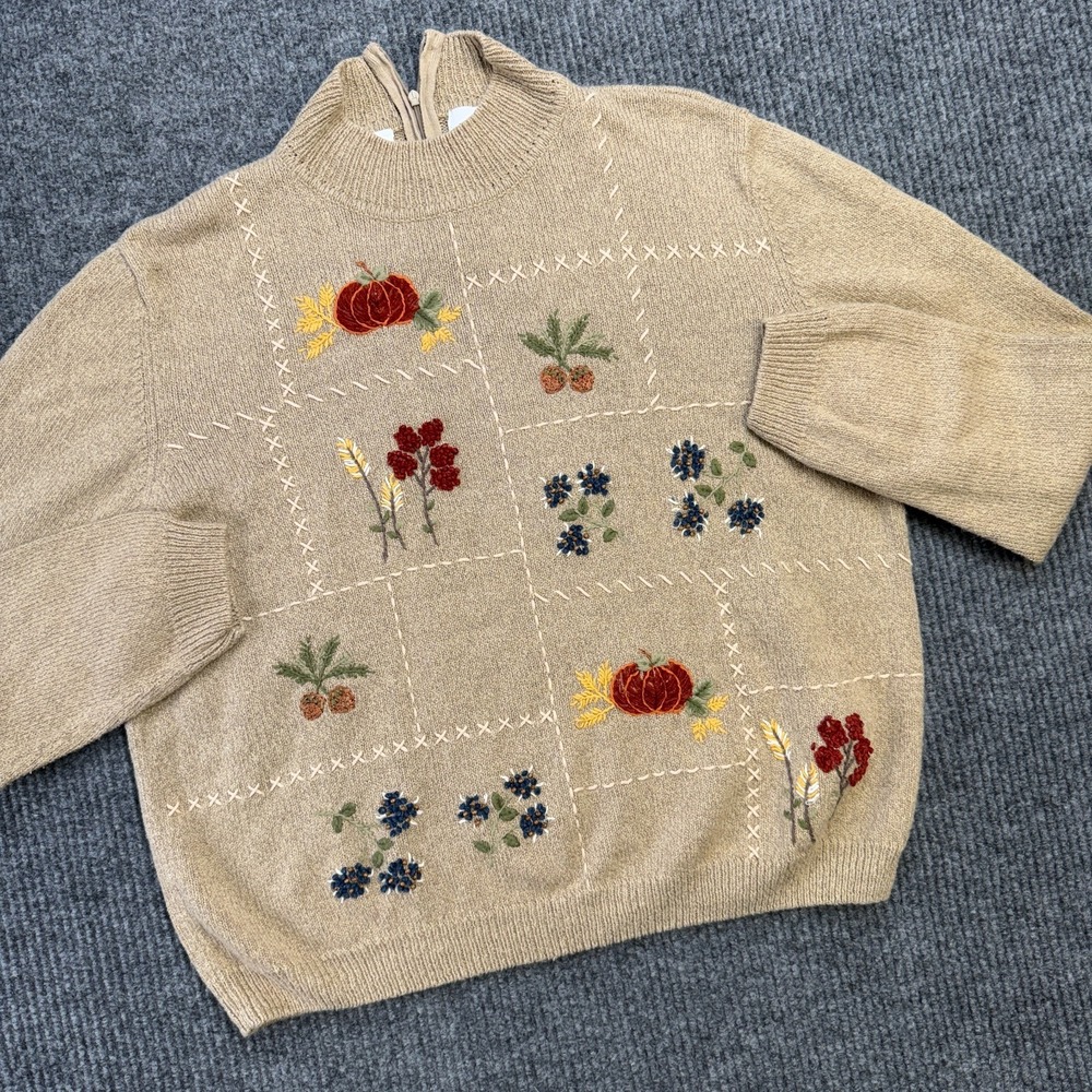 VTG Alfred‎ Dunner Sweater Womens XL Beige Embroidered Fall Pumpkins Flowers 90s